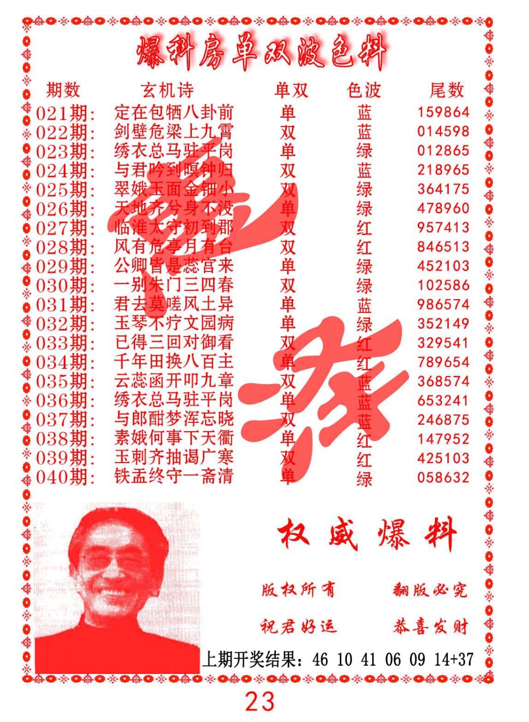 026期爆料房单双波色料[图]